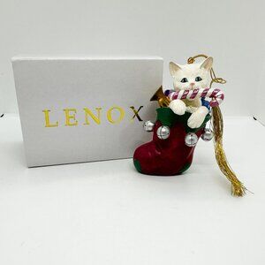 NIB Vtg 1999 Lenox Cat Ornament Sticking Christmas Toys Present Plastic